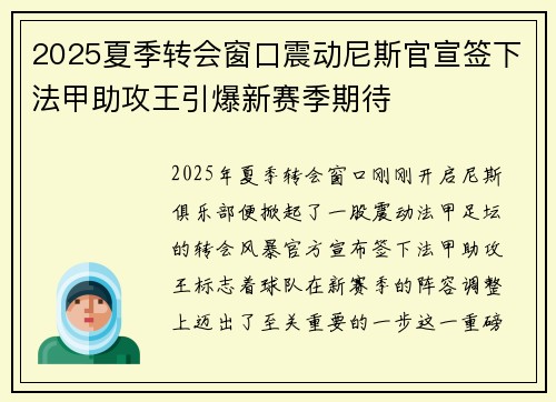 2025夏季转会窗口震动尼斯官宣签下法甲助攻王引爆新赛季期待