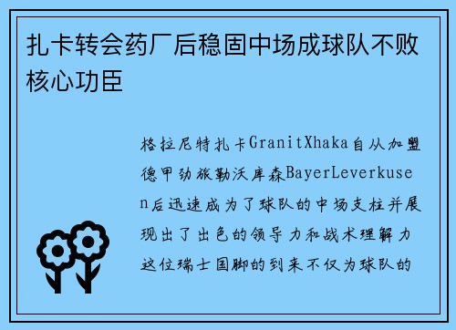 扎卡转会药厂后稳固中场成球队不败核心功臣 扎卡转会药厂后稳固中场成球队不败核心功臣