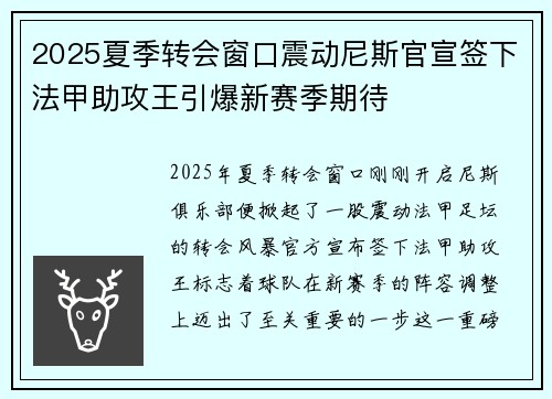 2025夏季转会窗口震动尼斯官宣签下法甲助攻王引爆新赛季期待 2025夏季转会窗口震动尼斯官宣签下法甲助攻王引爆新赛季期待