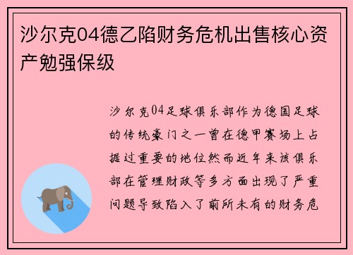 沙尔克04德乙陷财务危机出售核心资产勉强保级